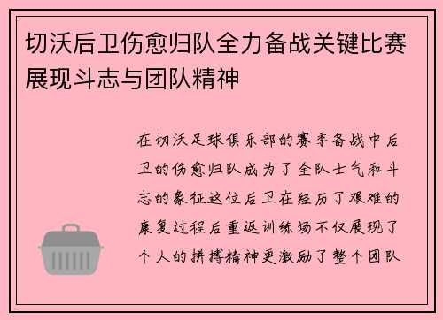 切沃后卫伤愈归队全力备战关键比赛展现斗志与团队精神
