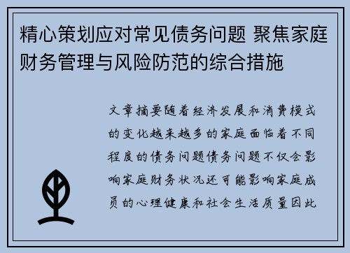 精心策划应对常见债务问题 聚焦家庭财务管理与风险防范的综合措施