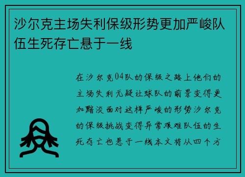 沙尔克主场失利保级形势更加严峻队伍生死存亡悬于一线