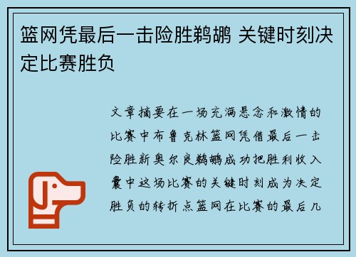 篮网凭最后一击险胜鹈鹕 关键时刻决定比赛胜负