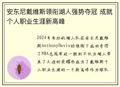 安东尼戴维斯领衔湖人强势夺冠 成就个人职业生涯新高峰