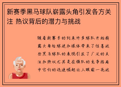 新赛季黑马球队崭露头角引发各方关注 热议背后的潜力与挑战