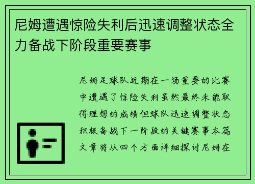 尼姆遭遇惊险失利后迅速调整状态全力备战下阶段重要赛事