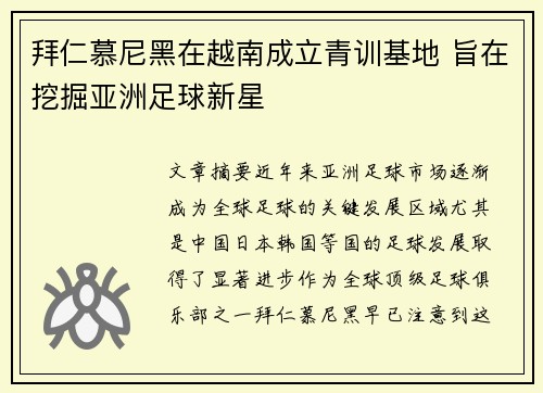 拜仁慕尼黑在越南成立青训基地 旨在挖掘亚洲足球新星