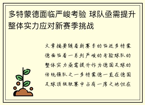 多特蒙德面临严峻考验 球队亟需提升整体实力应对新赛季挑战