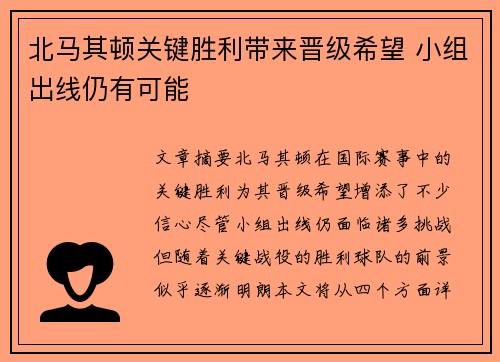北马其顿关键胜利带来晋级希望 小组出线仍有可能