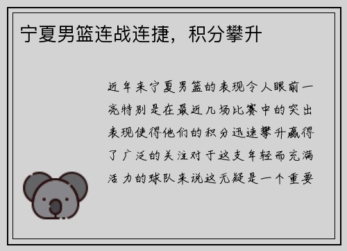 宁夏男篮连战连捷,积分攀升