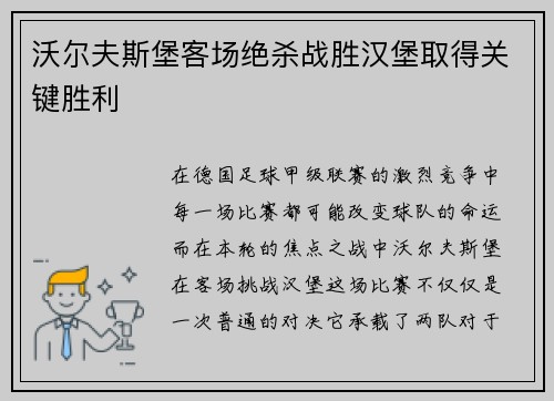 沃尔夫斯堡客场绝杀战胜汉堡取得关键胜利