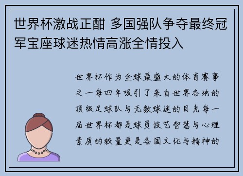 世界杯激战正酣 多国强队争夺最终冠军宝座球迷热情高涨全情投入