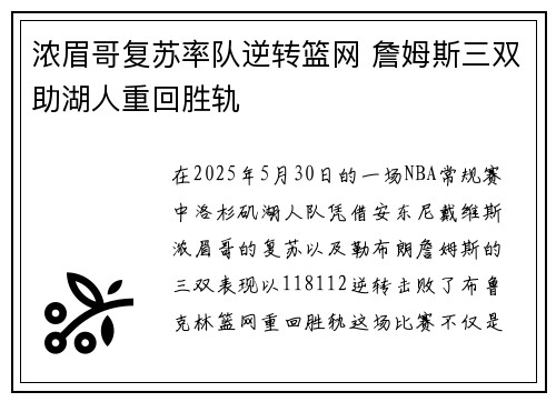 浓眉哥复苏率队逆转篮网 詹姆斯三双助湖人重回胜轨